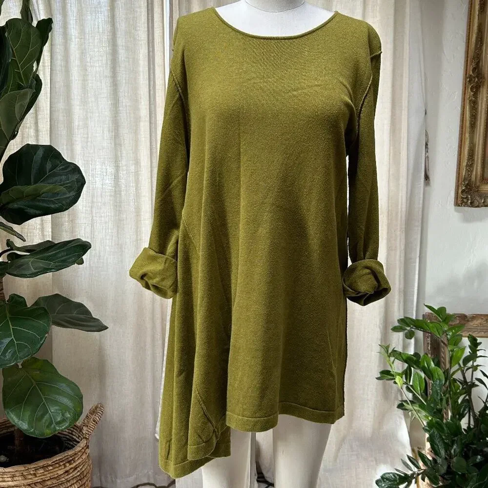 Asymmetrical Lagenlook Cotton Tunic Dress‎ Capsule Layering Bryn Walker Green S